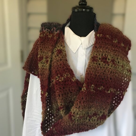 Hand Crocheted Red Tan Purple Pink Blue Boucle Extra Long Net Fringed Scarf - Picture 8 of 15